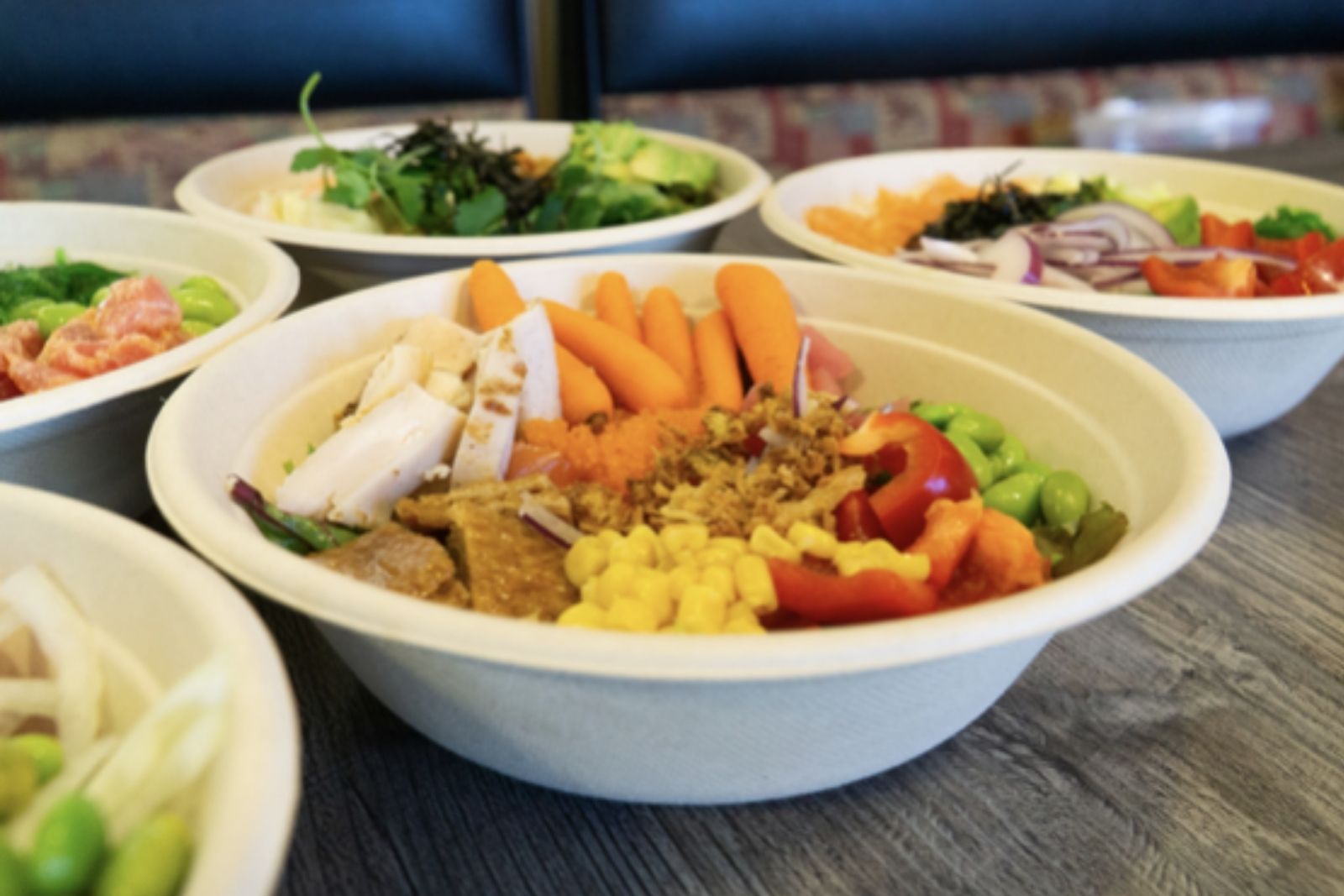 Poke bowl with chicken, carrots, corn and red pepper at Poke King, a Hawaiian Restaurant in Spokane