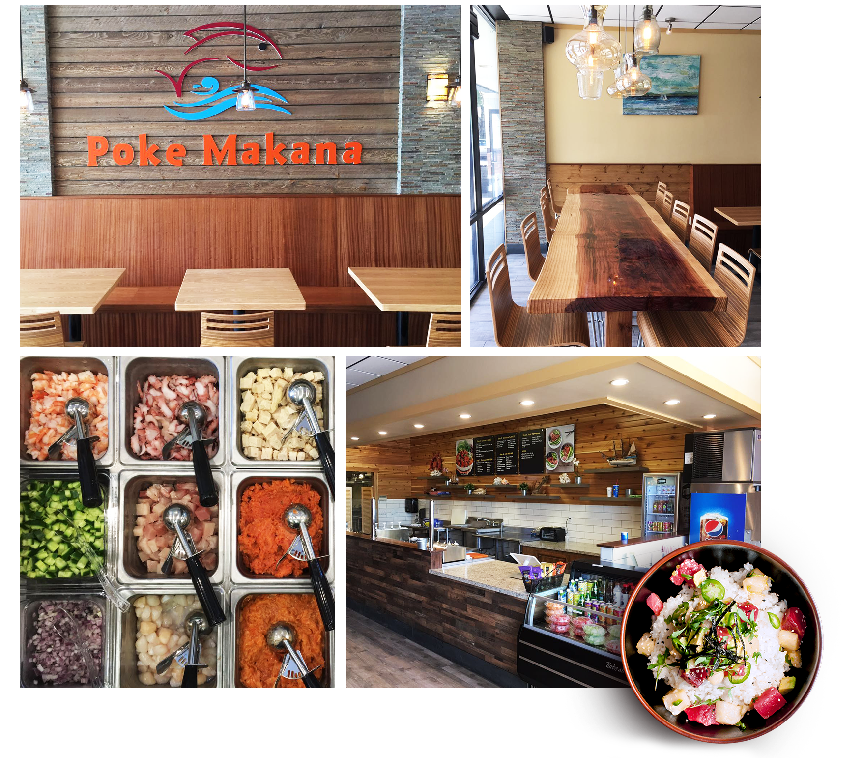 Collage of Poke Makana restaurant interior, dining area, fresh ingredients and finished poke bowl at Poke Makana, a Hawaiian restaurant in Sherwood