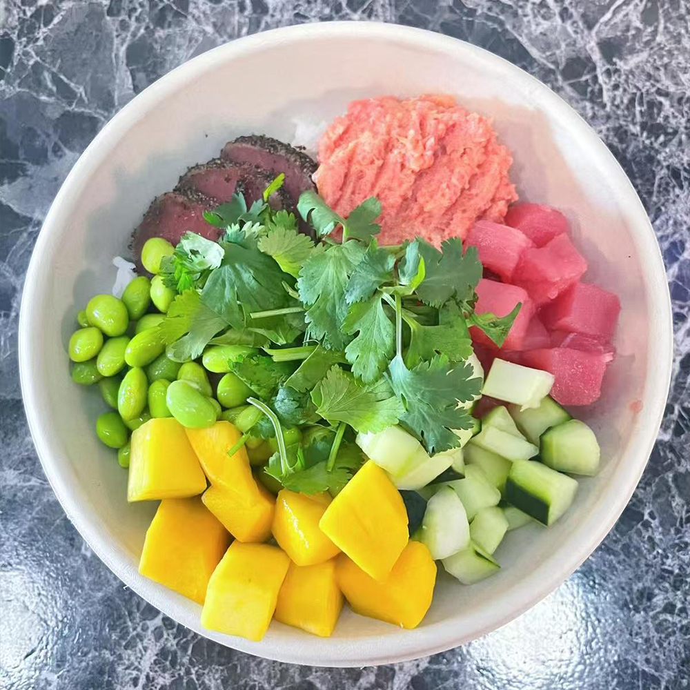 Spicy tuna and seared tuna poke bowl at Poke Star Poke Bowl Restaurant in Township
