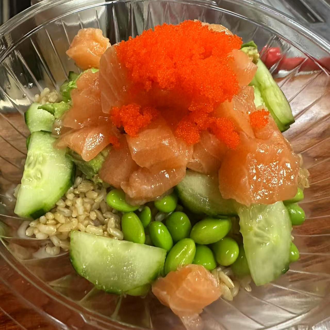 Poke-Star-Hawaiian-Poke-Bowl-Restaurant-Salmon-Poke-Bowl-Clemson Salmon Poke Bowl - Salmon, cucumber, edamame, and tobiko served over rice at Poke Star, a Hawaiian Poke Bowl Restaurant in Clemson