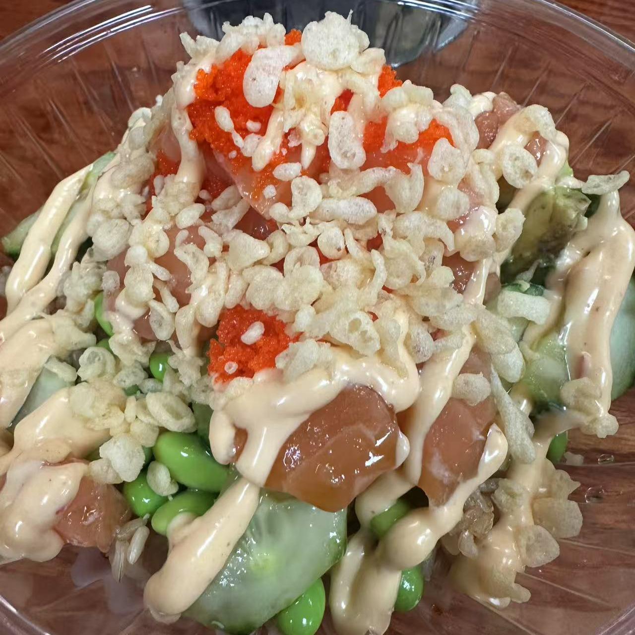 Poke-Star-Hawaiian-Poke-Bowl-Restaurant-Tuna-Poke-Bowl-Clemson Tuna Poke Bowl - Tuna, cucumber, edamame with tobiko and creamy sauce in a bowl at Poke Star, a Hawaiian Poke Bowl Restaurant in Clemson