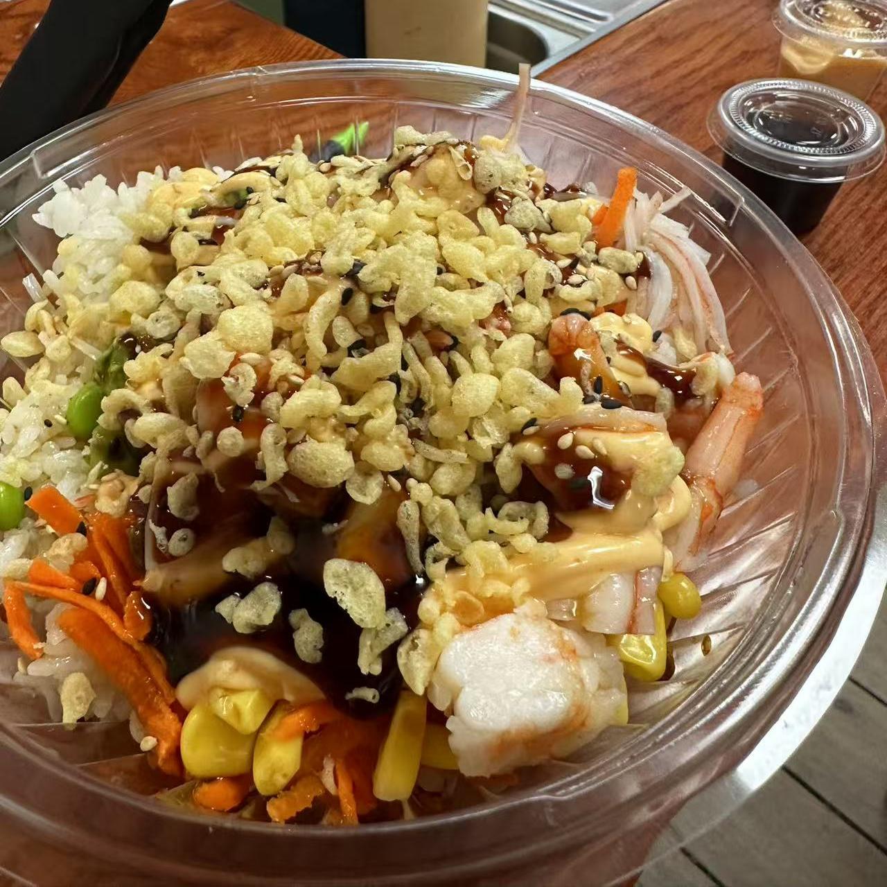 Poke-Star-Hawaiian-Poke-Bowl-Restaurant-Shrimp-Poke-Bowl-with-Crisps-Clemson Shrimp Poke Bowl with Crisps - Shrimp, rice, veggies topped with crispy bits and sauces at Poke Star, a Hawaiian Poke Bowl Restaurant in Clemson