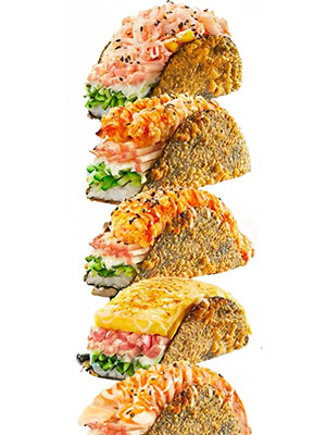Stacked assortment of five different sushi tacos with various seafood fillings.