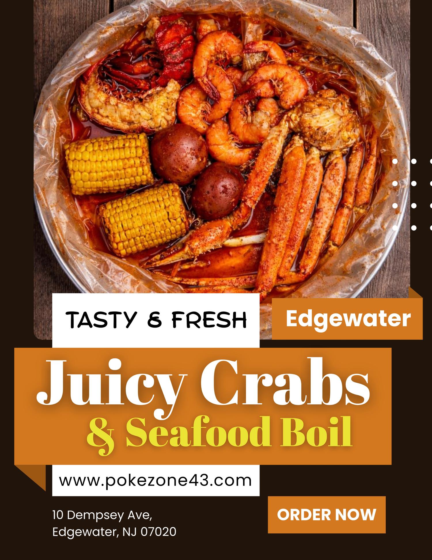 Juicy Crabs & Seafood Boil restaurant ad showing Cajun seafood boil with crab legs, shrimp, corn, and potatoes in Edgewater, NJ