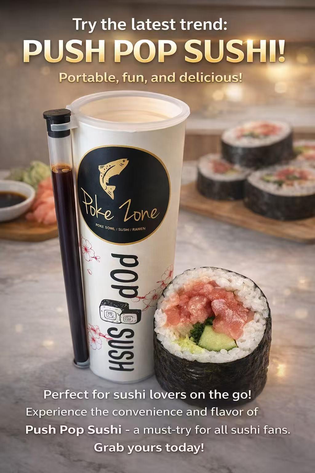 “Push Pop Sushi” cup with attached soy sauce tube, plus a sushi roll—portable, fun, and ready to go.