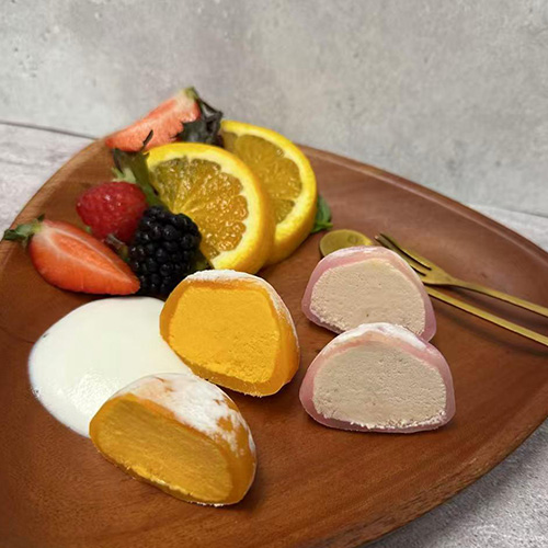 Mochi Ice Cream Sweet, colorful ice cream balls with fruit garnish at Pop Ice Cream, a Dessert Shop restaurant in Bonita Springs