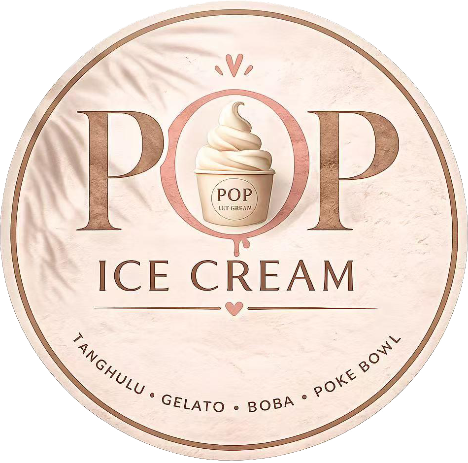 Round vintage-textured logo with soft-serve ice cream graphic and shop menu item text at Pop Ice Cream, a Dessert Shop in Bonita Springs