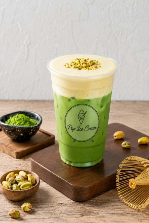 Matcha drink with cheese foam and chopped pistachio