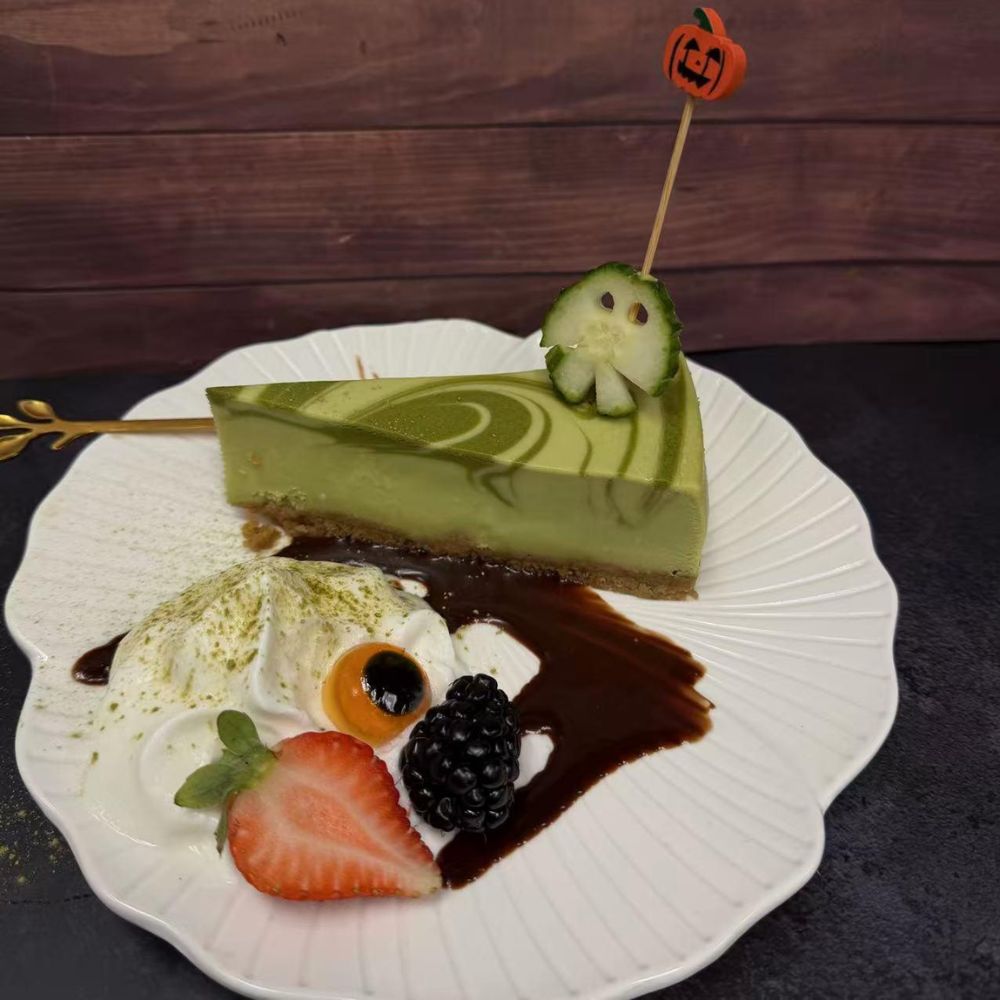 Matcha cheesecake with fruit and cream at Pop Onigiri, a Japanese Restaurant in Bonita Springs