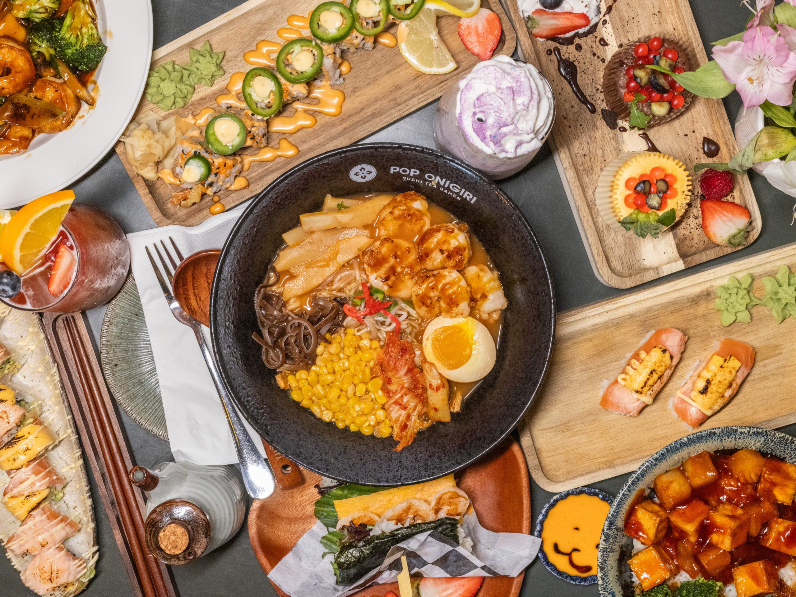 Assorted Japanese dishes platter with ramen & sushi at Pop Onigiri, a Japanese Restaurant in Bonita Springs