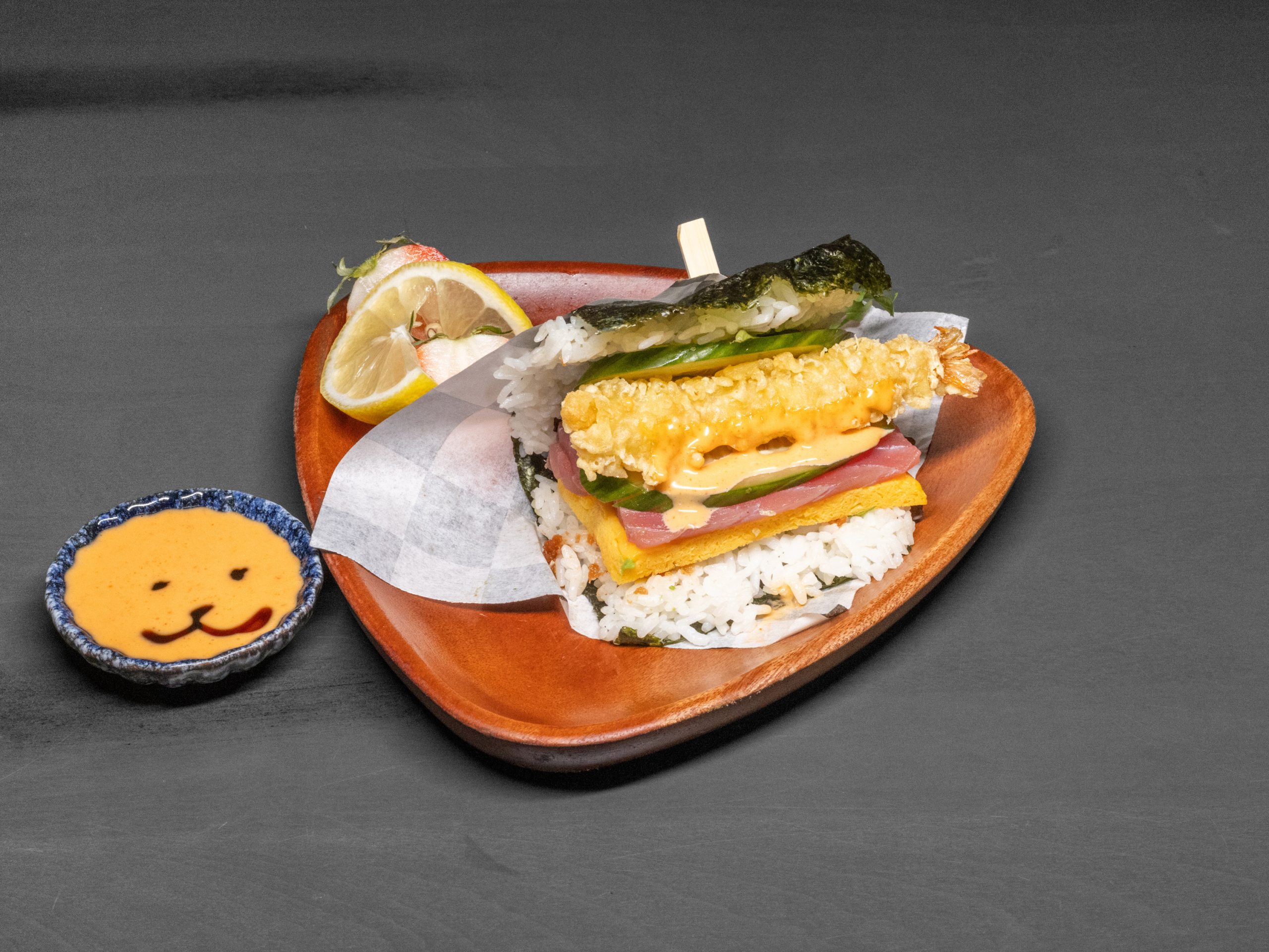 Tuna & shrimp onigiri with toppings at Pop Onigiri, a Japanese Restaurant in Bonita Springs