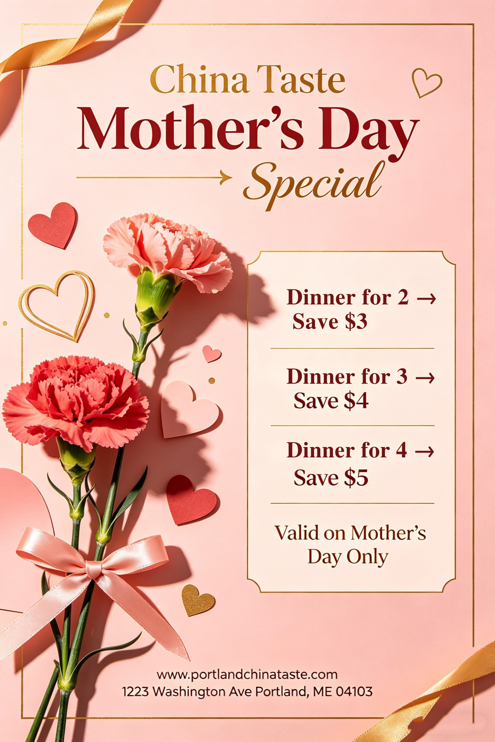 Alt Text: China Taste Mother’s Day poster: tiered savings on group dinners, valid Mother’s Day only, contact info included.
Title Text: China Taste Mother’s Day special: tiered savings for group dinners, one day only. Alt Text: China Taste Mother’s Day poster: tiered savings on group dinners, valid Mother’s Day only, contact info included.
Title Text: China Taste Mother’s Day special: tiered savings for group dinners, one day only.
