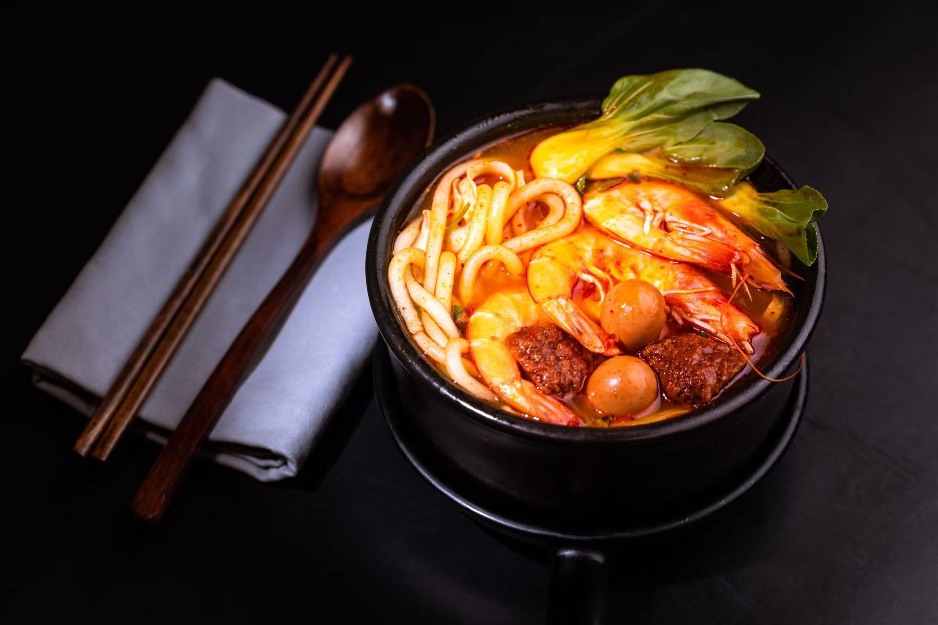 Prawn Potato Noodle Soup - Udon noodles with prawns, meatballs & quail eggs at Potato Powder Love Noodle, a Chinese Restaurant in San Diego