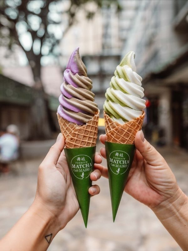 Two swirl soft serves (purple&brown, green&white) at Premium Matcha Cafe Maiko, a Cafe in Portland