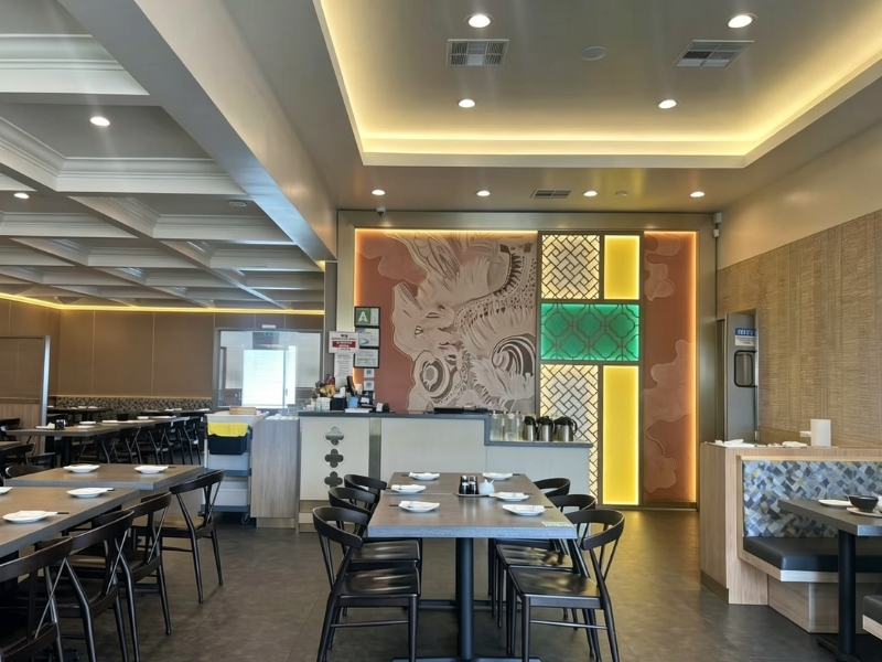 Front counter and decorative wall of the restaurant at Prince Dumpling, a Chinese Restaurant in Rosemead