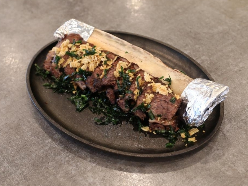 Grilled beef rib with herbs and garlic chips at Prince Dumpling, a Chinese Restaurant in Rosemead