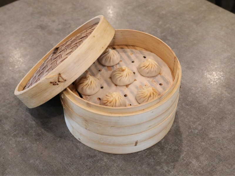 Soup dumplings in bamboo steamer at Prince Dumpling, a Chinese Restaurant in Rosemead