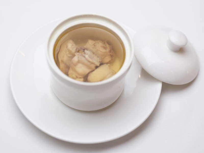 Stewed chicken soup in porcelain pot at Prince Dumpling, a Chinese Restaurant in Rosemead