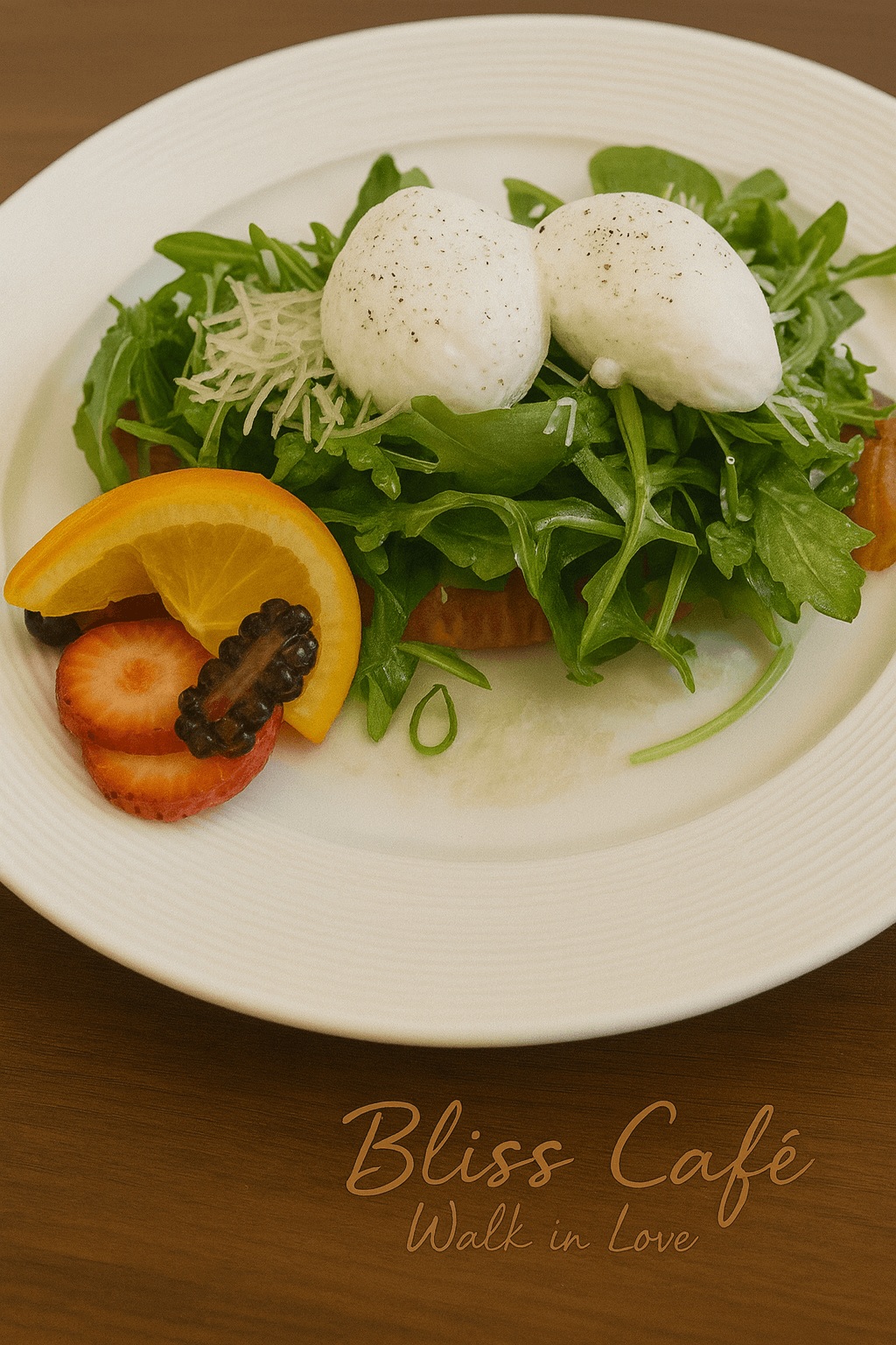Burrata salad with arugula, cheese and fresh fruits at Bliss Café, a Coffee Shop in Oviedo