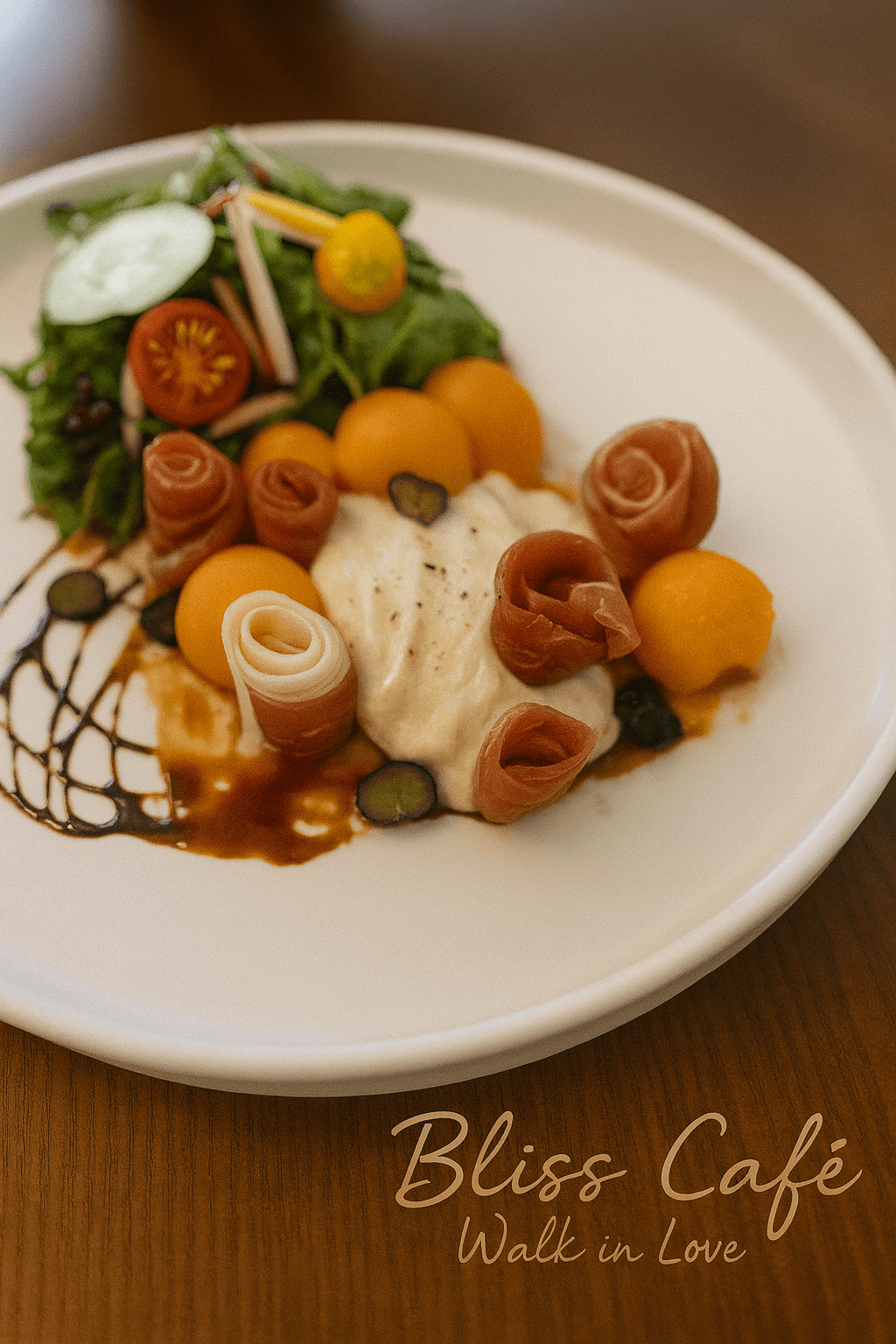 Salad plate with prosciutto, melon and greens at Bliss Café, a Coffee Shop in Oviedo