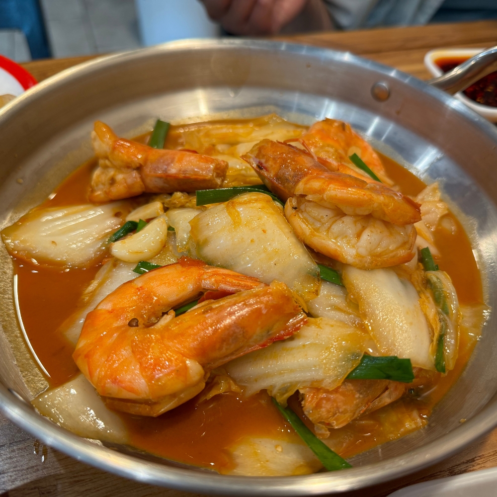 Qilu-Beef-Soup-Chinese-Restaurant-Cabbage-Stir-Fried-Shrimp-Houston Shrimp and cabbage stir-fried in savory sauce at Qilu Beef Soup, a Chinese Restaurant in Houston.