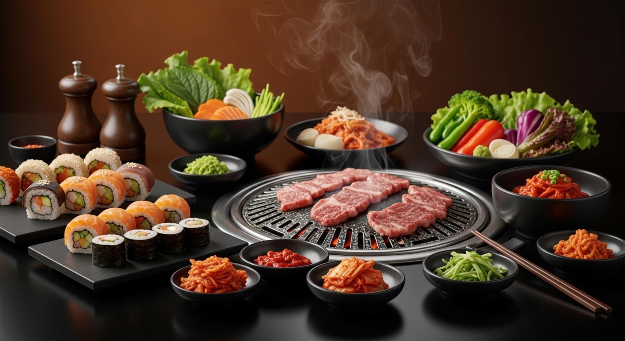 Grilled beef korean bbq platter assorted sushi kimchi fresh vegetable side dishes smoky grill at Q Korean BBQ & Revolving Sushi Restaurant in Huntsville