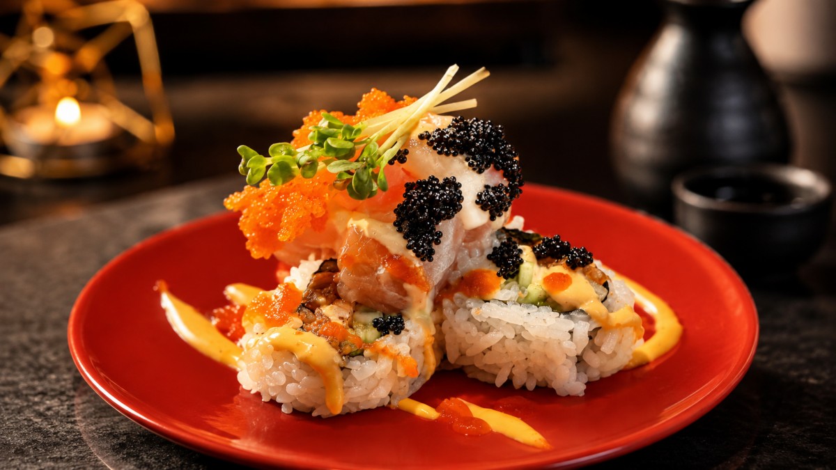 Stacked premium sashimi sushi caviar tobiko creamy sauce red ceramic plate at Q Korean BBQ & Revolving Sushi Restaurant in Huntsville