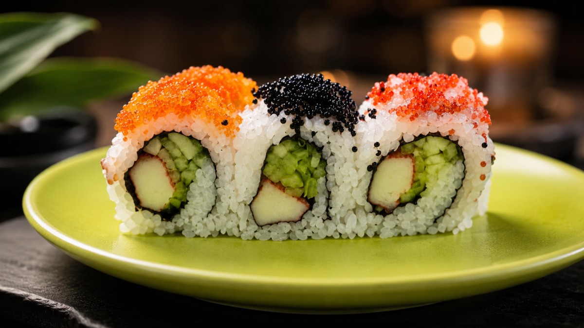Three color tobiko crab avocado sushi roll bright green round plate at Q Korean BBQ & Revolving Sushi Restaurant in Huntsville
