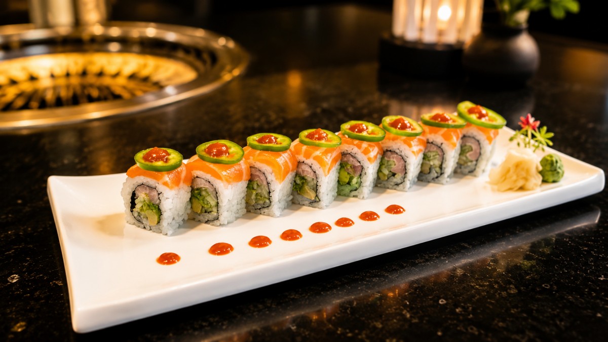Salmon jalapeno sushi roll spicy sauce dots white long plate ginger wasabi at Q Korean BBQ & Revolving Sushi Restaurant in Huntsville