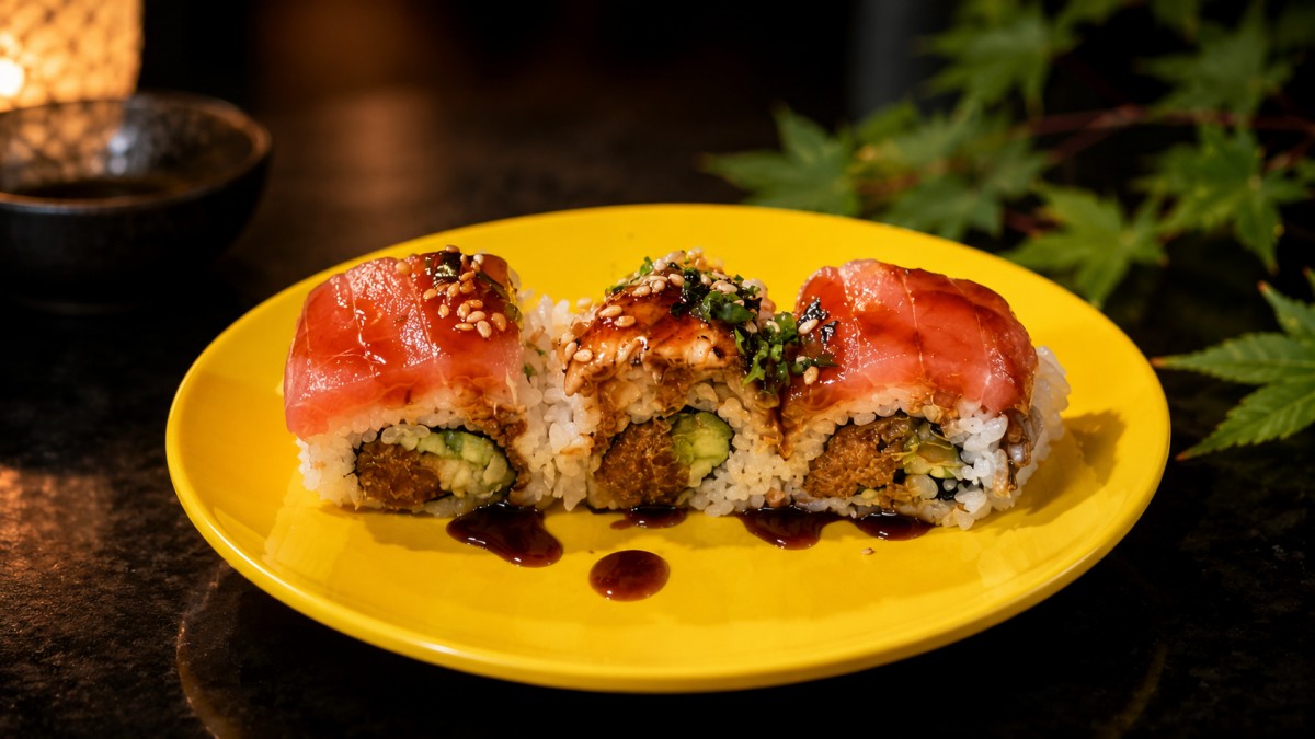 Tuna eel avocado sushi roll sesame teriyaki glaze bright yellow round plate at Q Korean BBQ & Revolving Sushi Restaurant in Huntsville