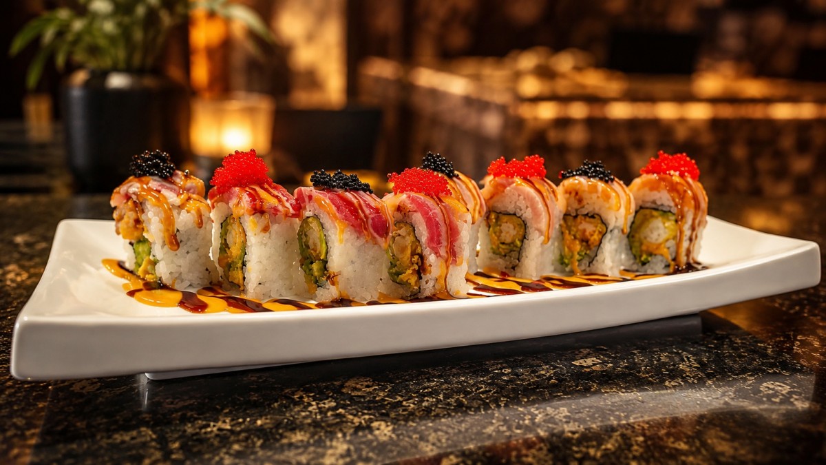 Tuna sashimi topped sushi rolls dual tobiko two glaze white rectangular plate at Q Korean BBQ & Revolving Sushi Restaurant in Huntsville