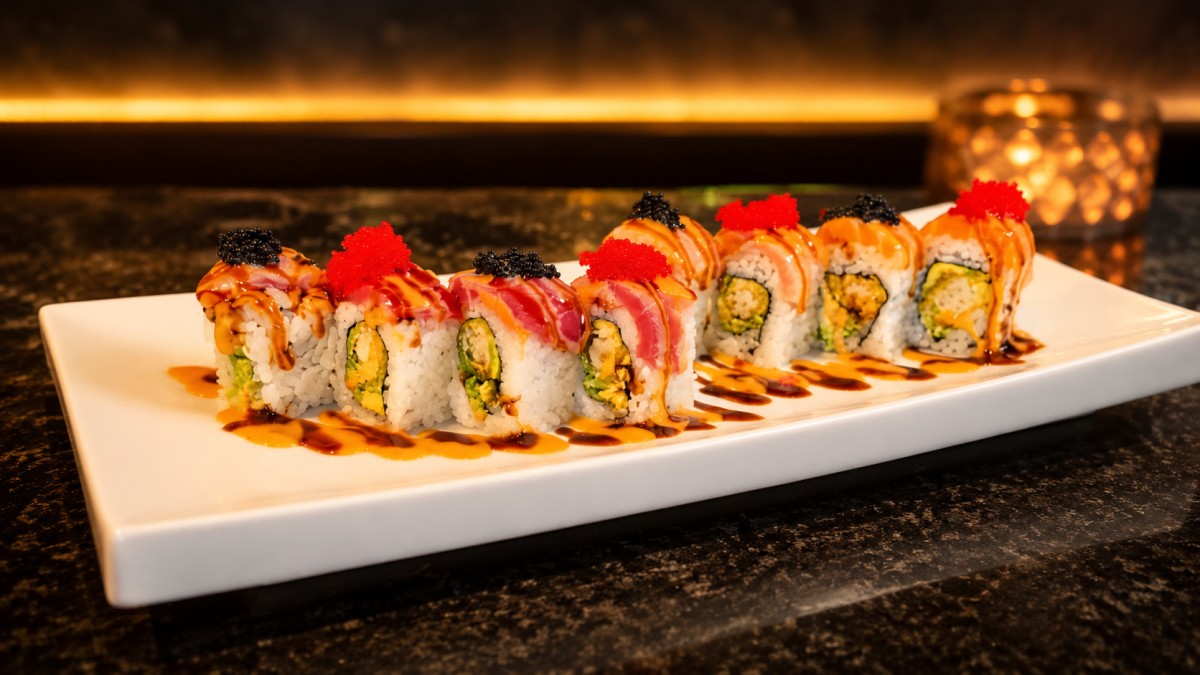 Assorted tuna salmon sushi rolls tobiko dual sauce white rectangular plate at Q Korean BBQ & Revolving Sushi Restaurant in Huntsville