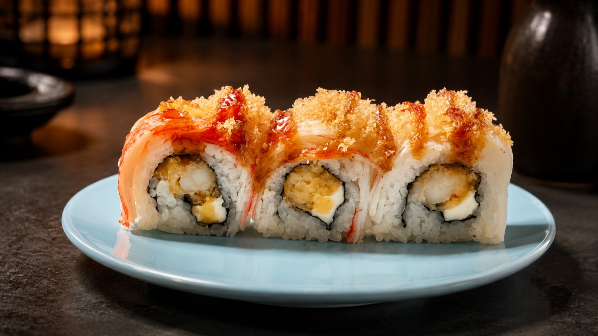 Crab shrimp cream cheese sushi roll crispy tempura crunch glaze light blue plate at Q Korean BBQ & Revolving Sushi Restaurant in Huntsville