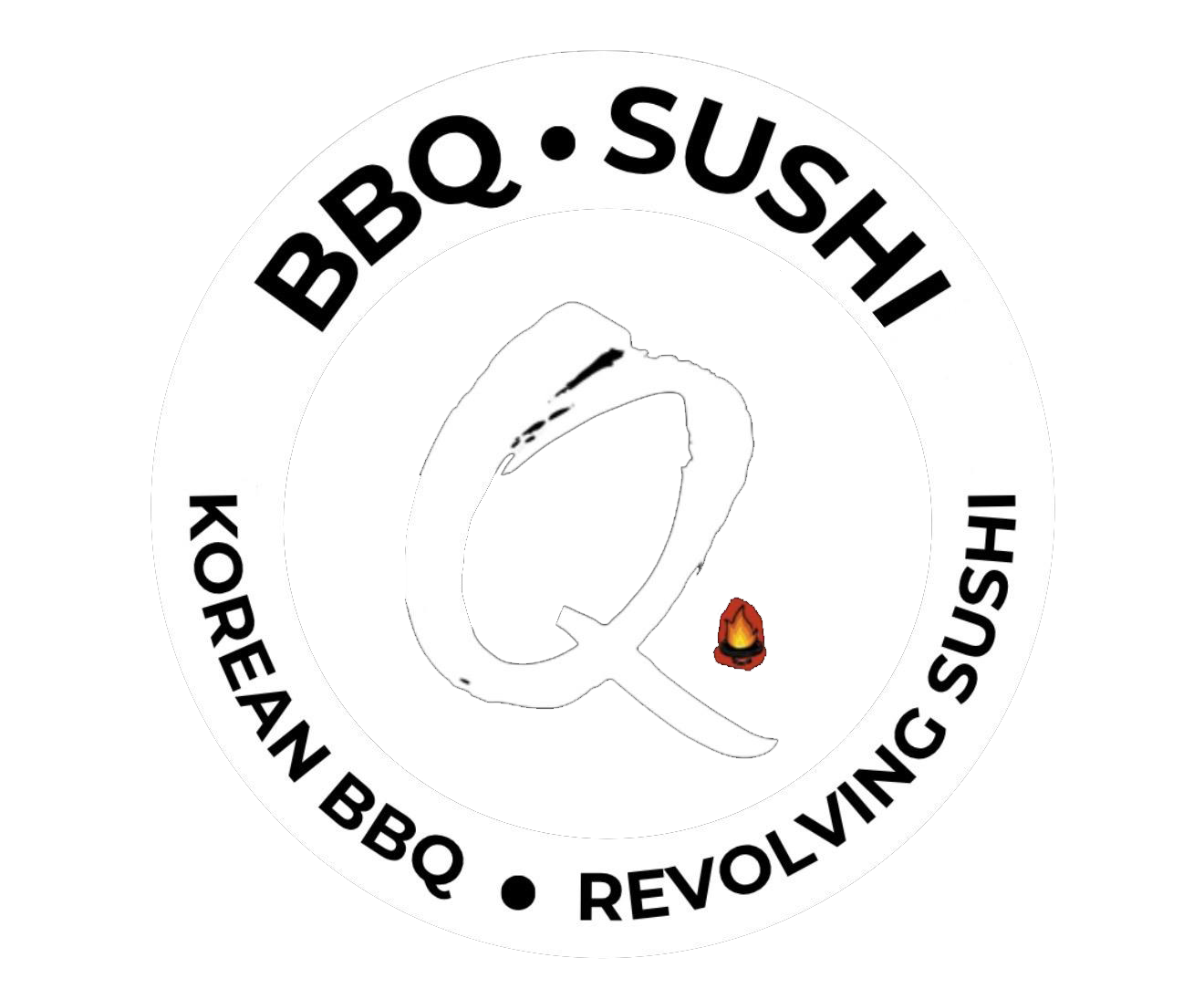Circular stamp logo brushstroke Q flame icon Korean BBQ & Revolving Sushi