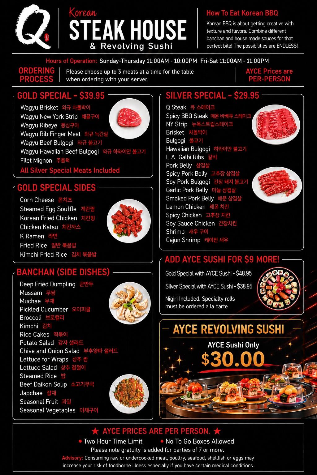 Restaurant AYCE menu, detailed description provided below