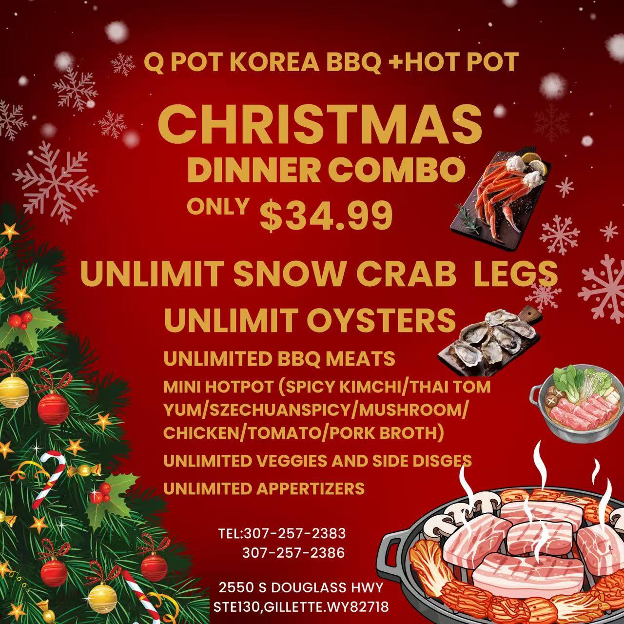 Christmas dinner combo poster showing unlimited snow crab legs, oysters, BBQ meats, mini hotpot, veggies, and appetizers.