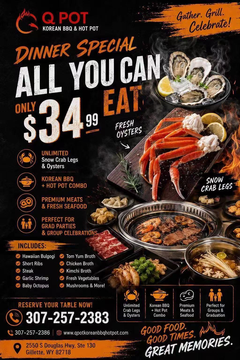 Dark themed dinner AYCE promotion flyer showcasing crab, oysters, BBQ and hot pot menu items with contact info at Qpot Hot Pot Korean BBQ, a Hot pot restaurant in Gillette