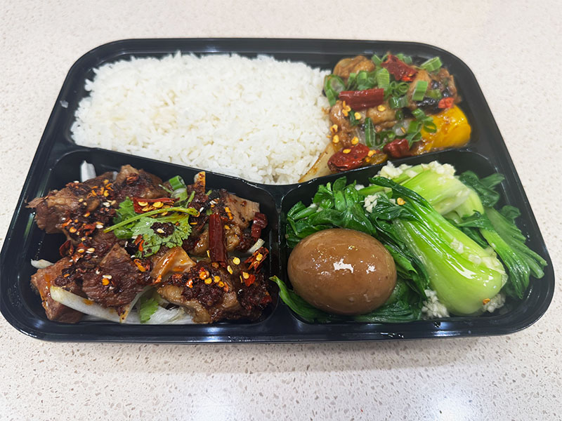 Heartier bento with rice, meat, veggies & egg at Q's Noodle House, a Chinese Restaurant in Las Vegas