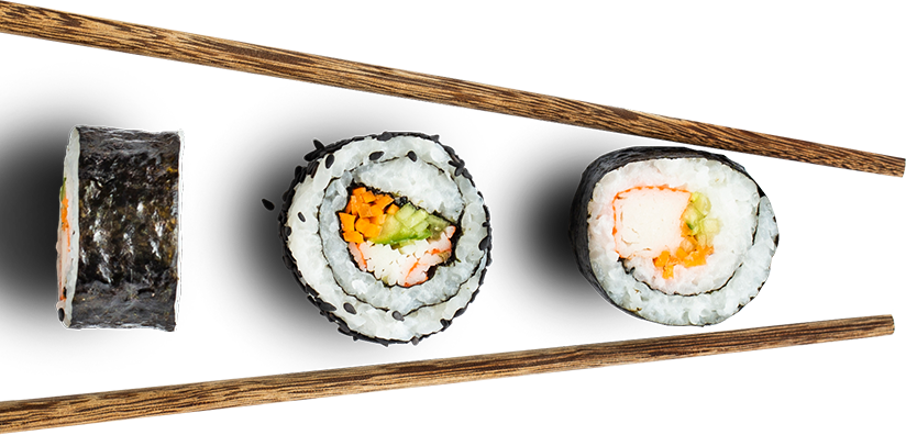 Three sushi rolls paired with wooden chopsticks, showing the classic style of Japanese sushi rolls, with ingredients like vegetables and crab meat inside