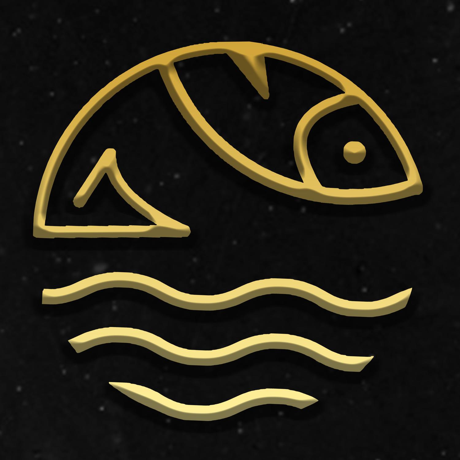 3D golden line art fish logo with layered wavy water lines on dark textured background at Quan Izumi , an Japanese Restaurant in Centereach