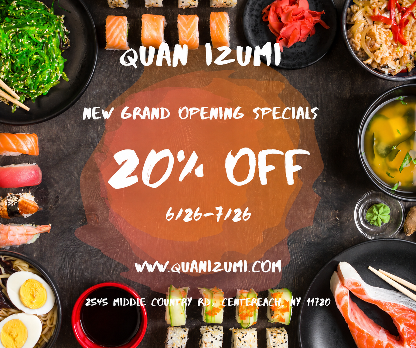 Quan Izumi grand opening promo poster, top-down sushi & Japanese food spread. 20% off valid 6/26–7/26