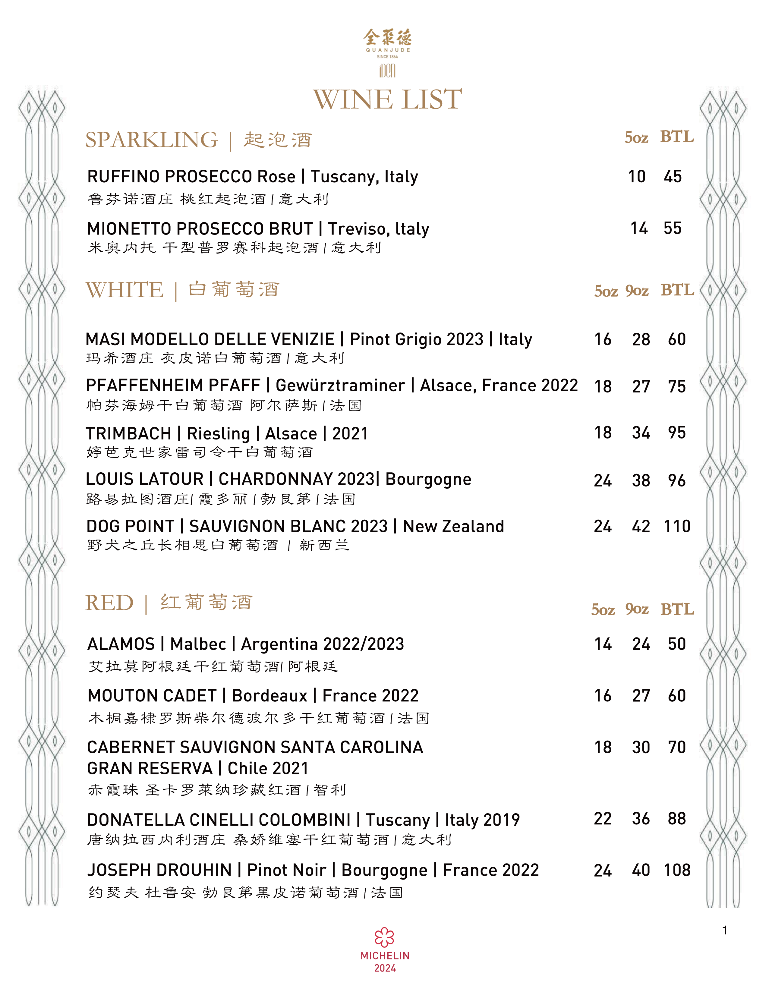 iDen & Quan Ju De Beijing Duck House Wine Menu Page 1
