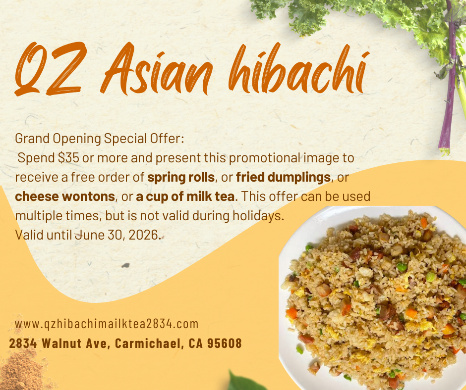 QZ Asian Hibachi grand opening promo offering a free item with $35+ purchase, shown with fried rice image.