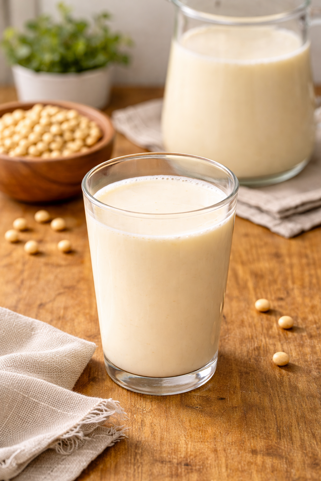 Creamy soy milk in a glass with soybeans on the table at Rainbow 1 Bakery, a Bakery in Brooklyn