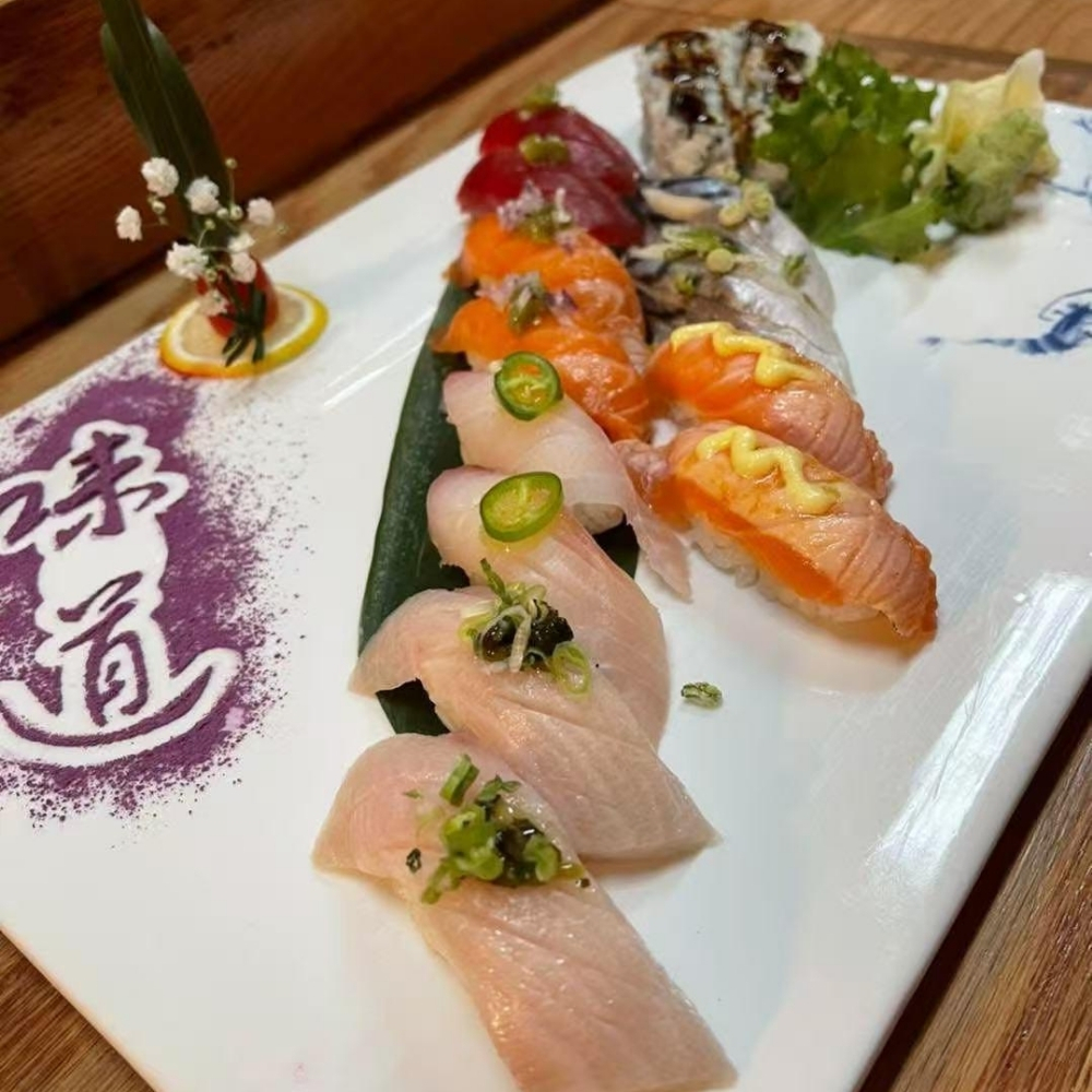 Assorted sushi nigiri on plate at Raku Sushi, a Japanese Restaurant in Easton