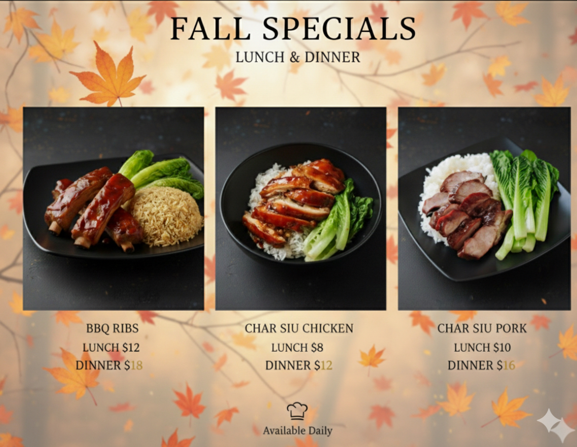 Menu of fall specials featuring BBQ ribs, char siu chicken, and char siu pork with lunch and dinner prices
