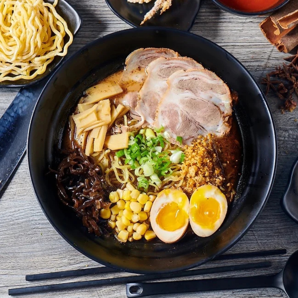 Flavorful black garlic tonkotsu ramen with chashu, ajitama and toppings at RAMEN OSAKA, a Ramen Restaurant in San Jose