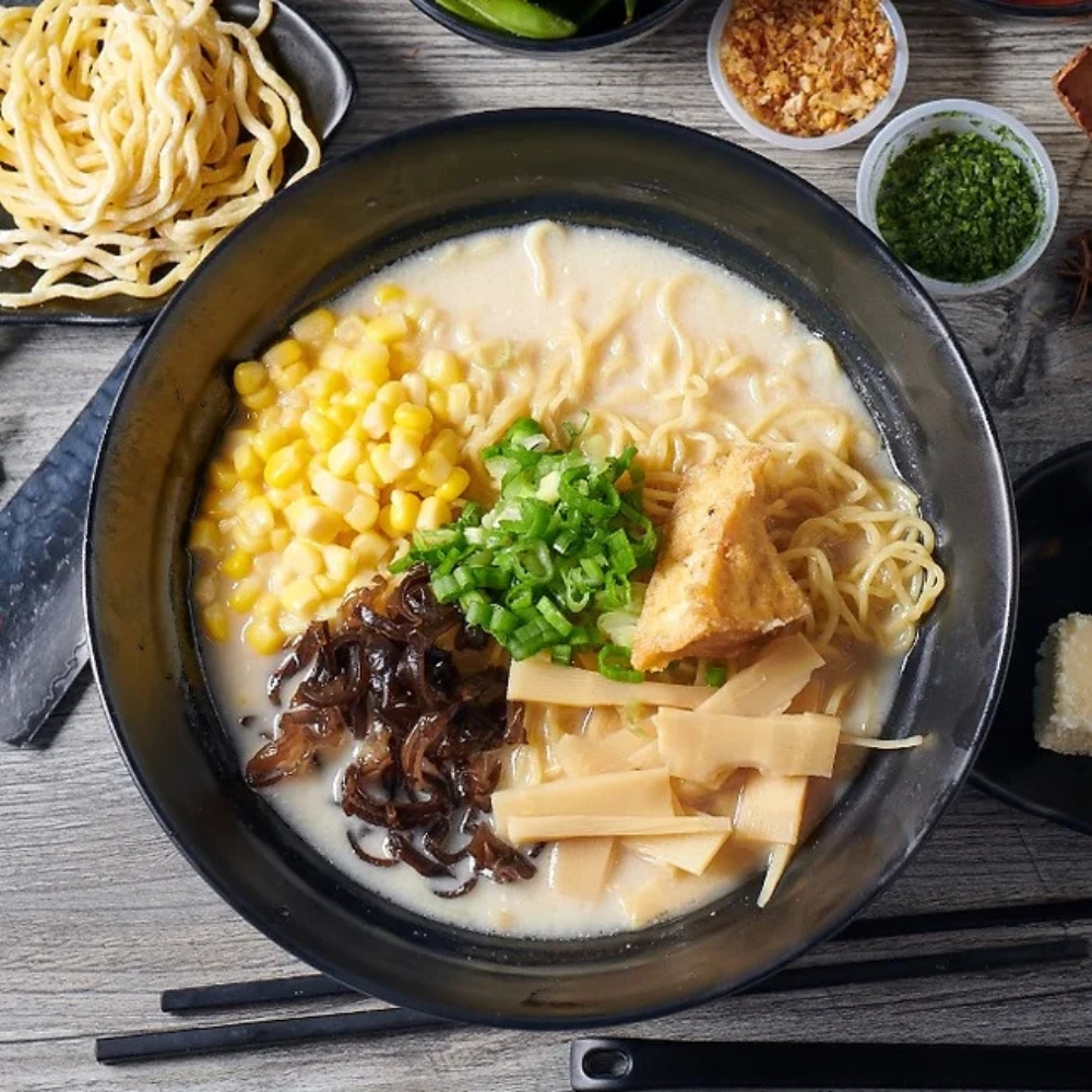 Rich creamy vegetarian ramen with corn, bamboo shoots and toppings at RAMEN OSAKA, a Ramen Restaurant in San Jose