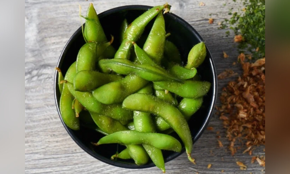 Fresh edamame in a black bowl at RAMEN OSAKA, a Ramen Restaurant in San Jose