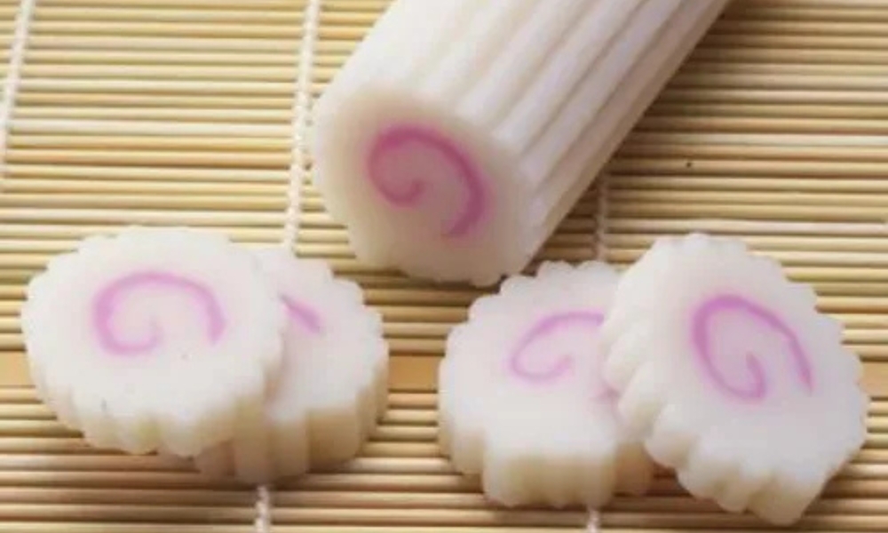 Decorative kamaboko (fish cake) slices with pink swirls at RAMEN OSAKA, a Ramen Restaurant in San Jose